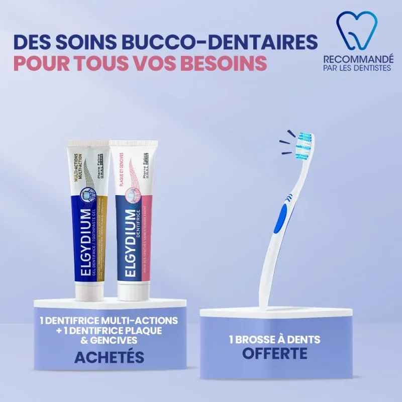 ELGYDIUM DENTIFRICE PLAQUE & GENCIVES 75ML et MULTI-ACTIONS 75 ML + BROSSE A DENT OFFERT