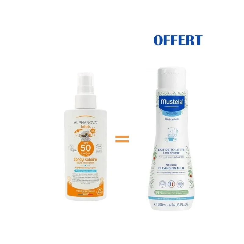 ALPHANOVA SPRAY SOLAIRE BEBE SPF50 BIO 125g Achete + MUSTELA LAIT DE TOILETTE 200ML Offert