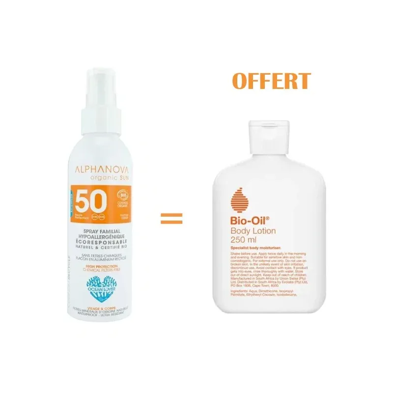 ALPHANOVA SPRAY SOLAIRE FAMILIAL HYPO SPF50 150g BIO Achete + BIO-OIL BODY LOTION 250 ML Offert