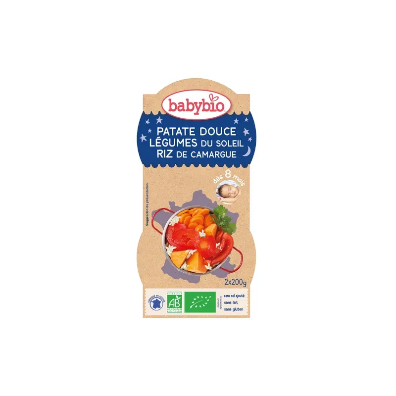 Babybio Bol Patate Douce Légumes du Soleil Riz de Camargue 2X220G