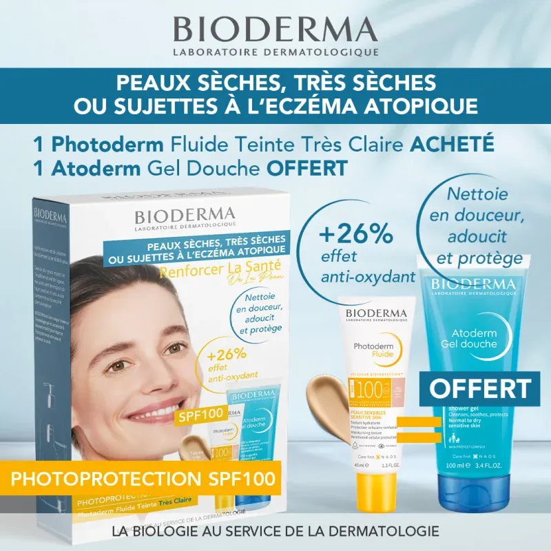 Bioderma Photoderm Fluide Teint Tres claire spf100 Achete + Atoderm Gel 100ml Offert