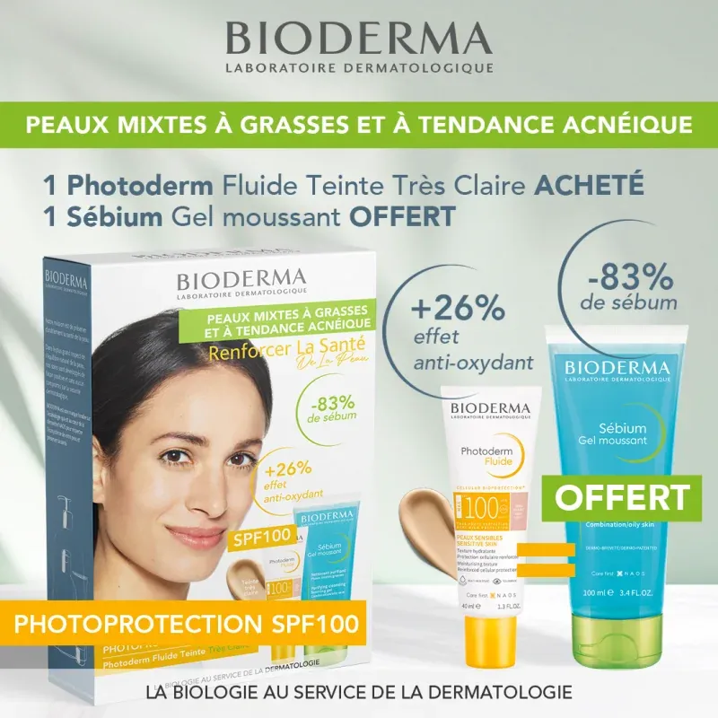 Bioderma Photoderm Fluide Teint tres Claire spf100 Achete+ Sebium Gel Moussant 100ml Offert