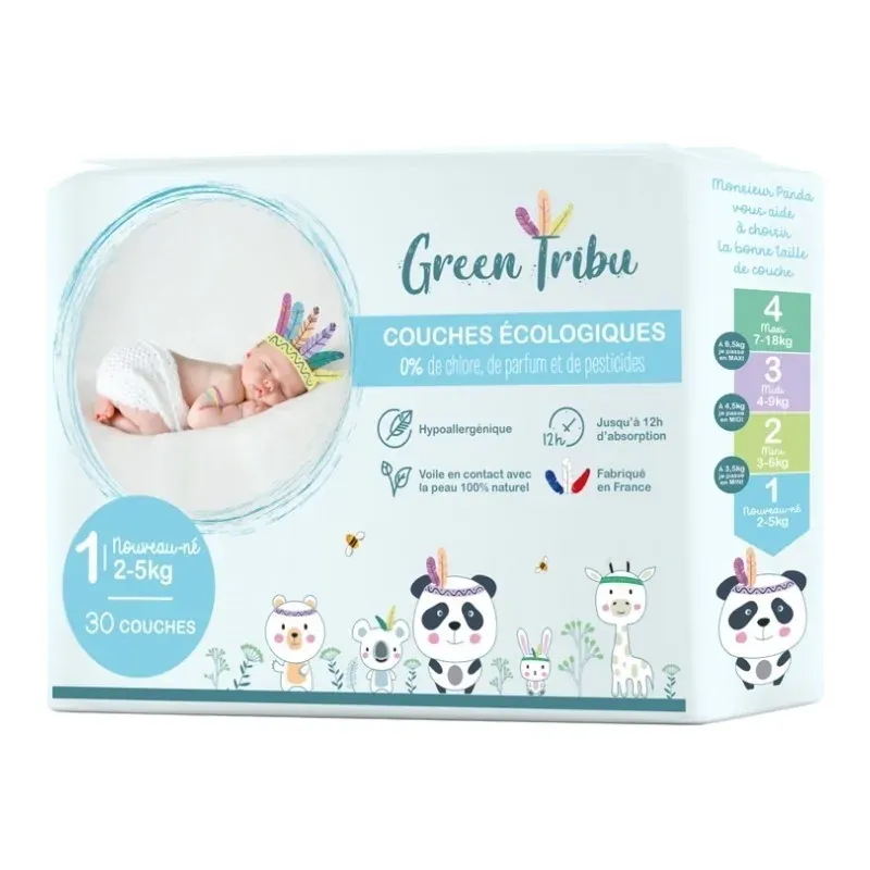 GREEN TRIBU COUCHES ÉCOLOGIQUES HYPOALLERGÉNIQUES POUR BÉBÉ TAILLE 1(2 À 5 KG) 30 COUCHES