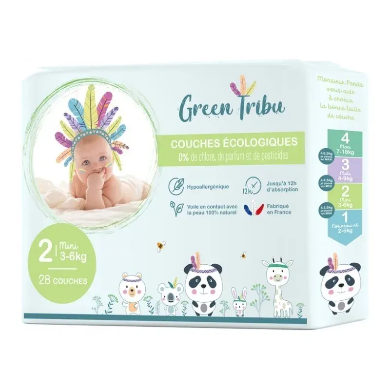 GREEN TRIBU COUCHES ÉCOLOGIQUES HYPOALLERGÉNIQUES POUR BÉBÉ TAILLE 2 (3 À 6 KG)