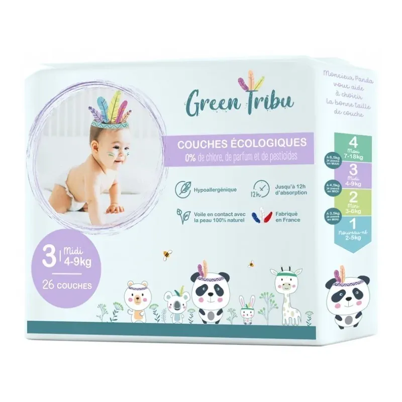 GREEN TRIBU COUCHES ÉCOLOGIQUES HYPOALLERGÉNIQUES POUR BÉBÉ TAILLE 3 (4 À 9 KG) 26 COUCHES