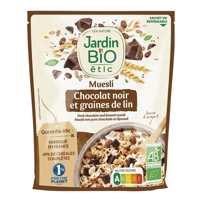 JARDIN BIO MUESLI CHOCOLAT NOIR ET GRAINES DE LIN 375G