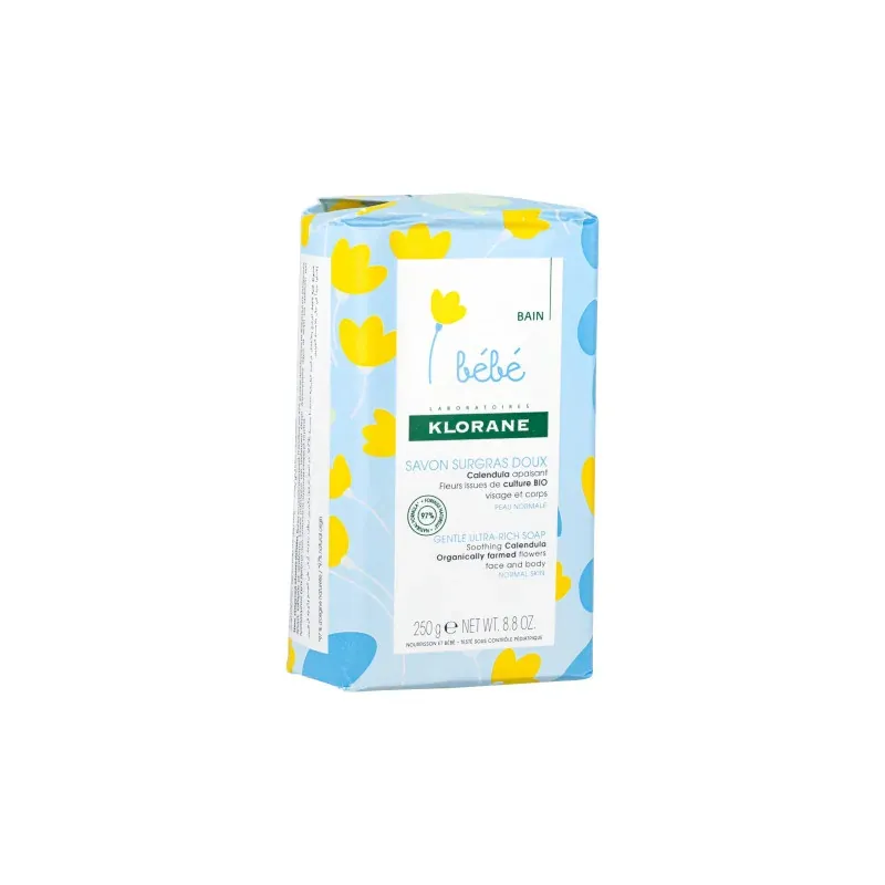 Klorane - Savon surgras doux Calendula apaisant - Bébé - Peau normale - Visage et Corps 250 g