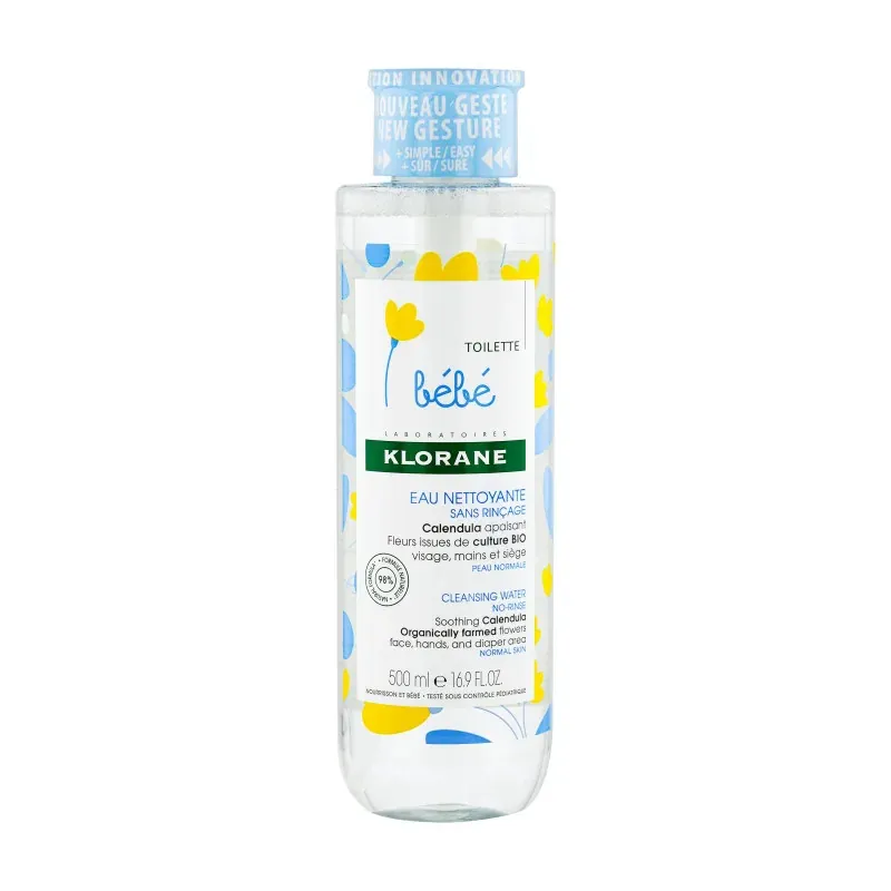 Klorane - Eau nettoyante sans rinçage au Calendula apaisant - Bébé - Peau normale 500 ml