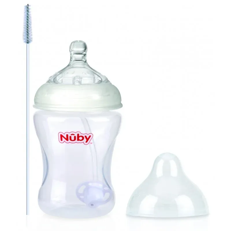 NUBY Biberon Anti-Reflux et Anti-Colique col large avec hoquet à paille 360° 240ml - 0m+ ID1143