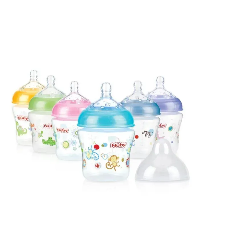 Nûby Biberon en Polycarbonate Col Large 180ml imprimé avec tétine silicone SoftFlex à debit lent +0mois Réf : ID1193