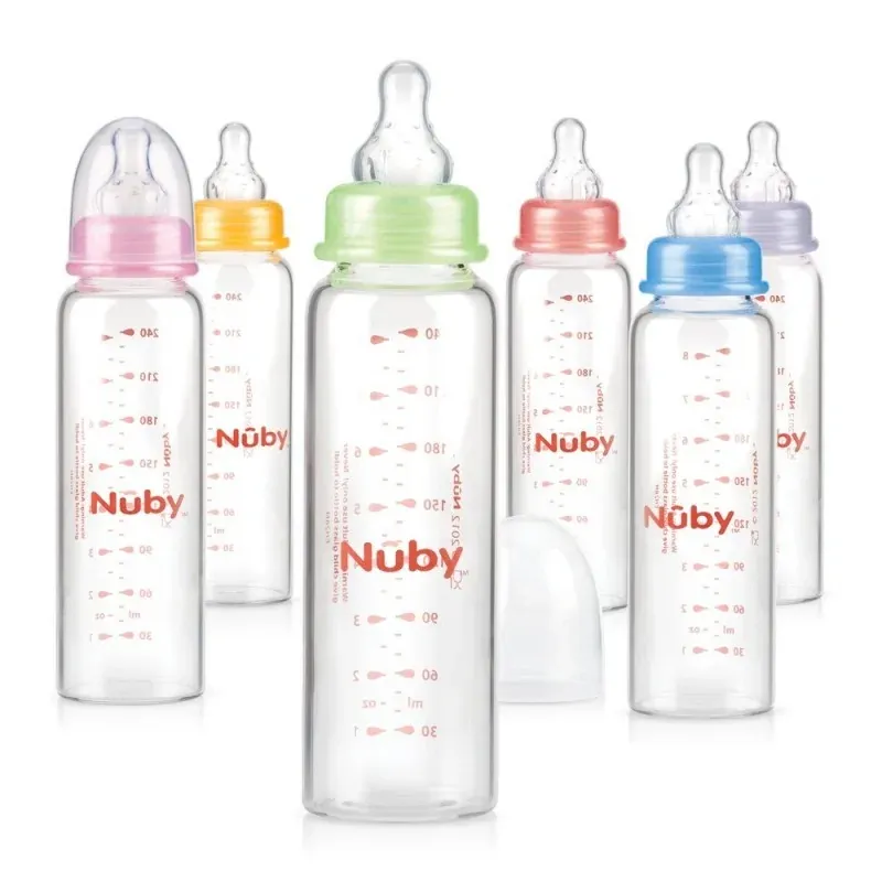 Nûby Biberon en verre col standard avec logo Nuby 240ml et tétine débit lent +0mois Réf : ID1179