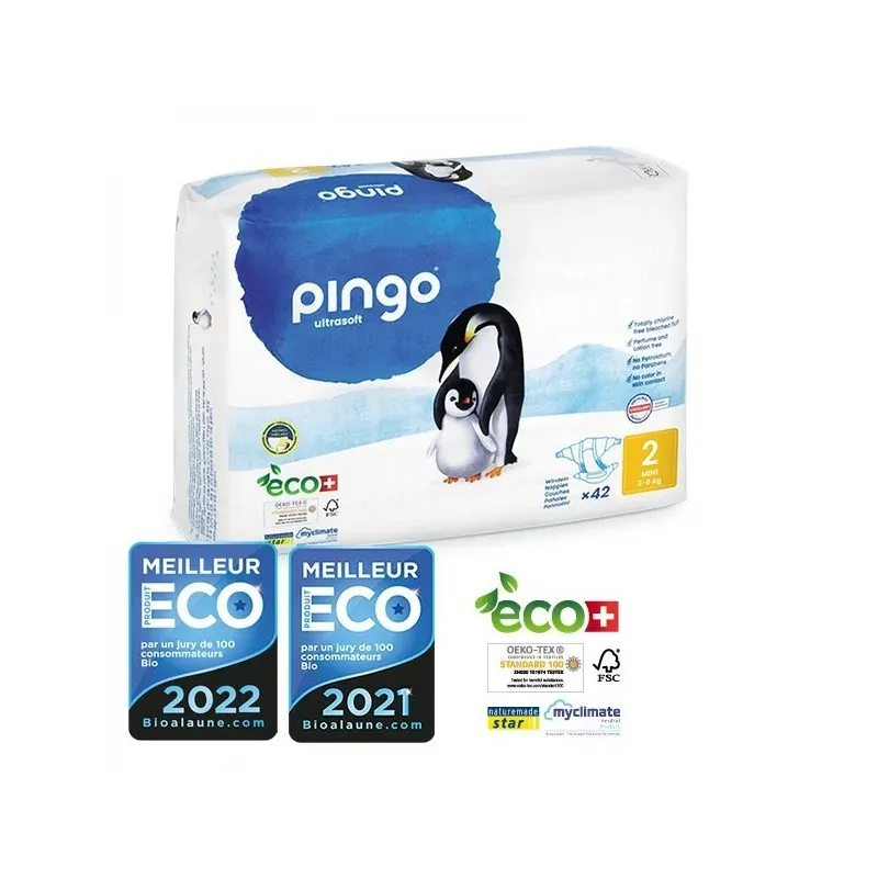 PINGO COUCHES ÉCOLOGIQUES JETABLES MINI TAILLE 2 (3-6KG) 42 COUCHES