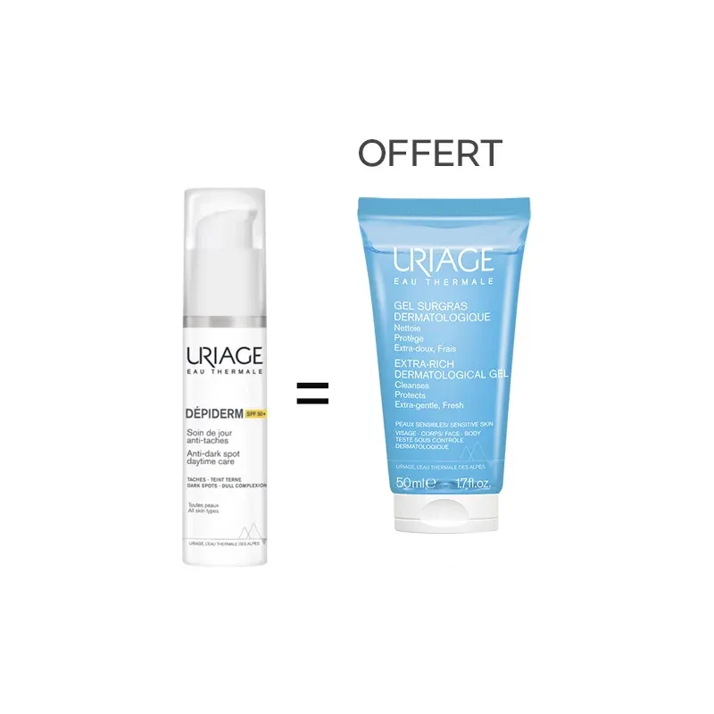 URIAGE DEPIDERM SOIN DE JOUR SPF 50 30ML Achete + URIAGE GEL SURGRAS 50ml Offert